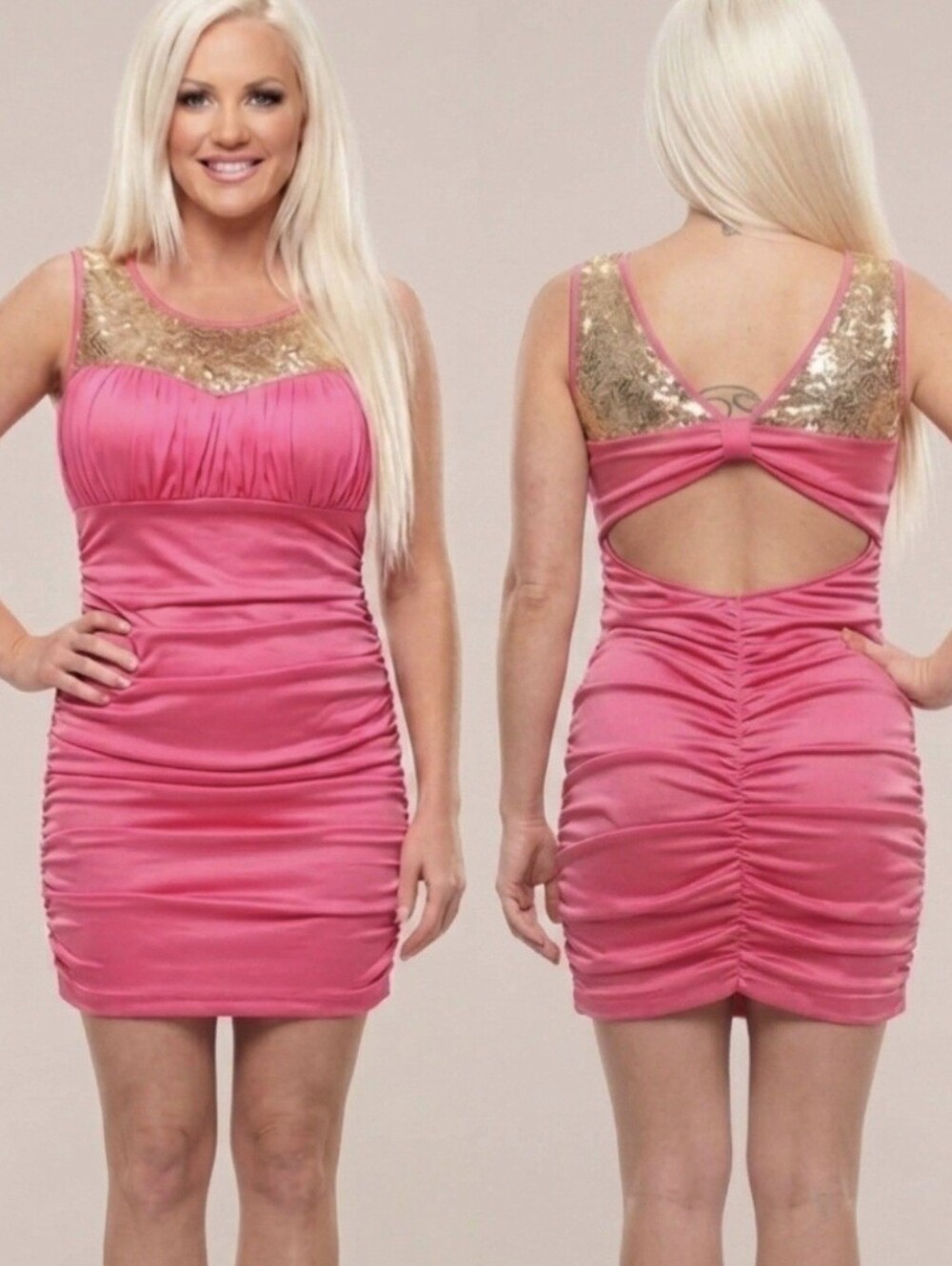 Vtg Roberta bridal hot pink ruched 80s back bow cut out sexy mini dress XL NWOT